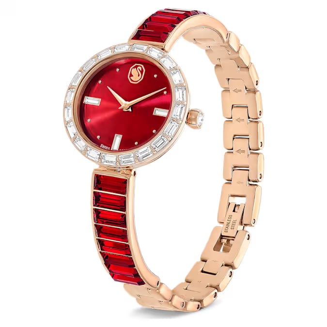 Matrix Bangle watchSwiss Made, Crystal bracelet, Red, Rose gold-tone finish